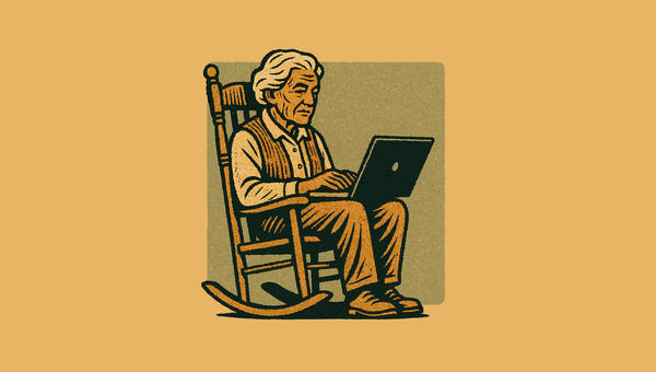 an elderly man sits in a rocking chair, reading the latest edition of the digital marketer's almanac on his laptop